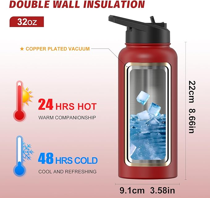 32oz Insulated Water Bottle, BPA Free&Leak Proof, Stainless Steel Water Flask - Image 2