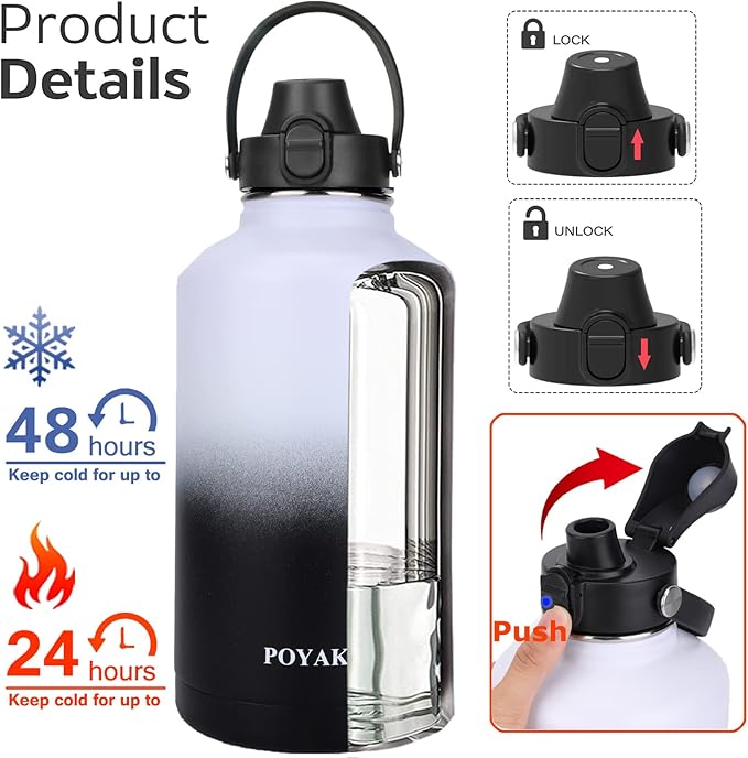 Water Bottle Insulated 32oz 40oz 64oz 128oz Straw Lid Spout Lid & 3 Lids - Image 2