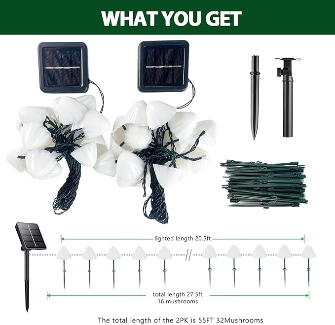 OZS 2PK 32LED 55FT Mushroom Solar Garden Lights Outdoor, Solar String Lights - Image 6