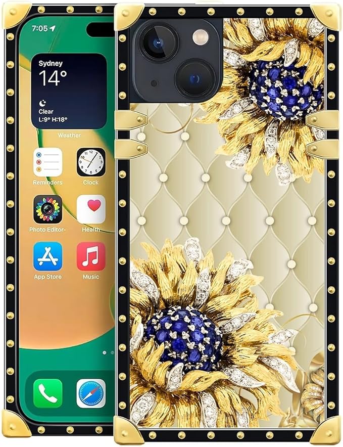 Compatible with iPhone 14 Case, Sunflower Diamonds Leather Luxury Golden by Unknown