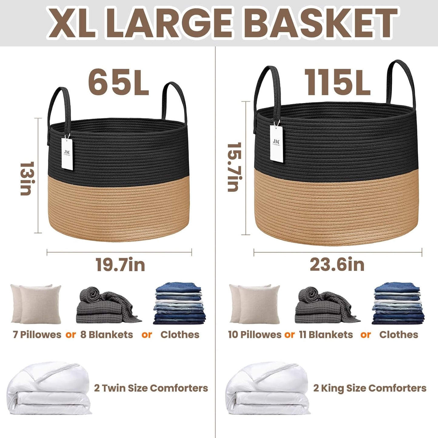 Woven Blanket Basket,65L Large Rope Storage Bin with Handles, Organizer for Blankets Toys Book and Clothes, Laundry Basket for Living Room Bedroom Nursery,Black&Jute