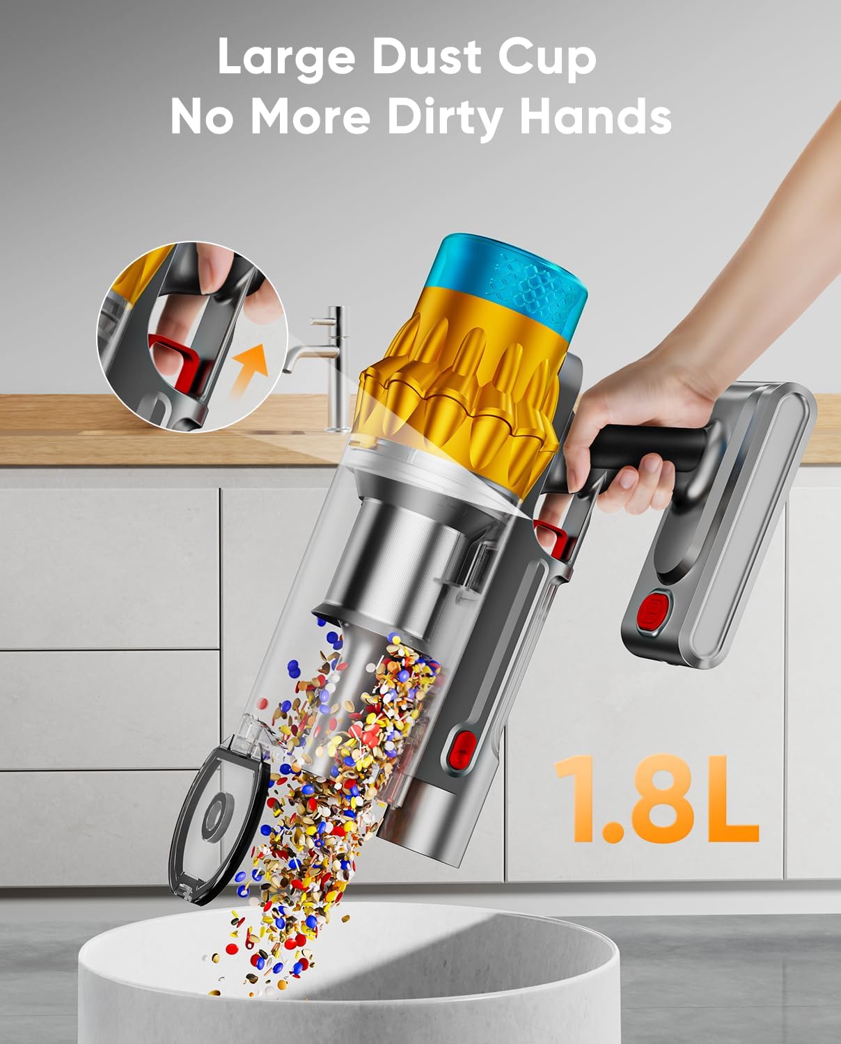 Cordless Vacuum Cleaner, 600W/50KPA, Max 70 Mins Runtime, Self-Standing Vacuum Cleaners for Home, Anti-Tangle Stick Vacuum, Smart Display Vacuum Cordless with 1.8L Cup for Pet Hair/Carpet (Gold)