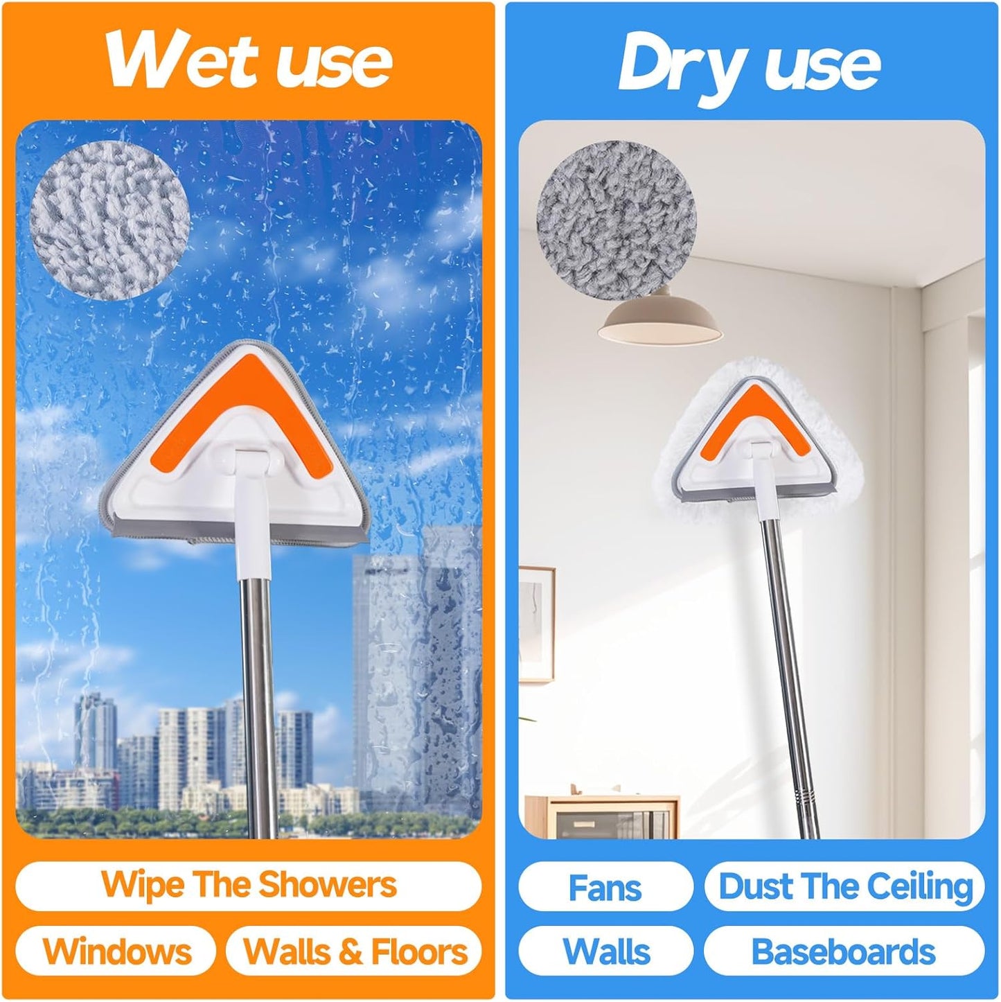 Wall Mop Cleaner with Long Handle,94” Multipurpose Wall Duster,Ceiling Mop,Window Mesh Screen Cleaner with Squeegee,Wall Cleaner Mops with 6 Replacement Pads for Painted Walls,Floor,Baseboard,Glasses