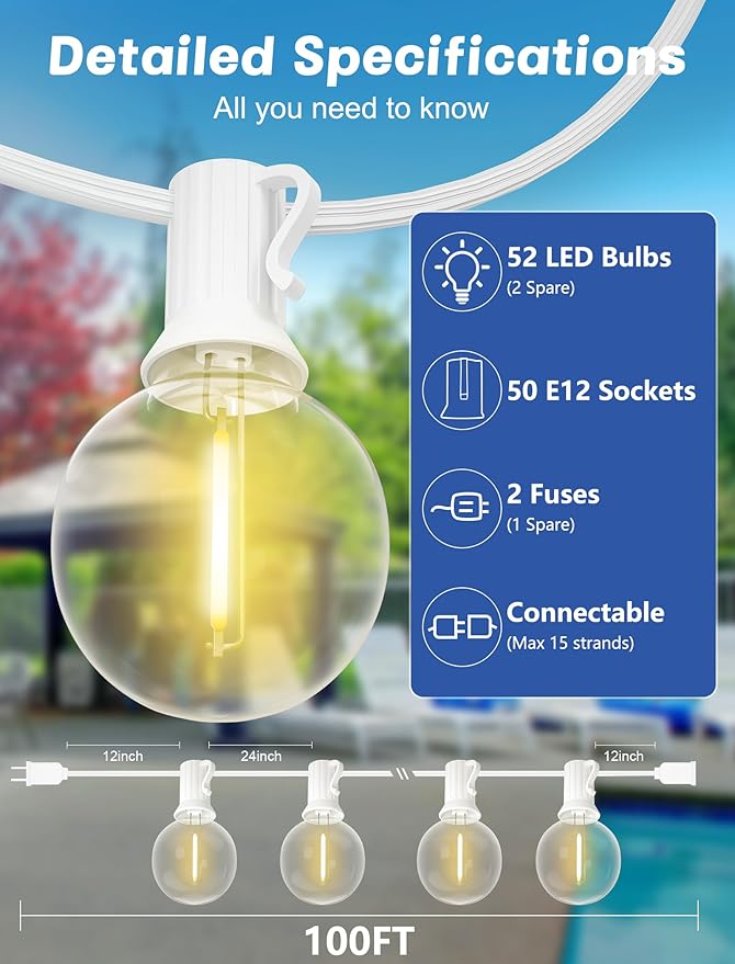 SUNSGNE G40 Globe White String Lights Outdoor - 100FT White Patio Lights - Image 2