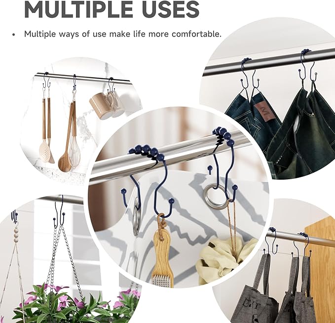Bathway Shower Curtain Hooks, Shower Curtain Rings Rust Proof Navy Blue Double - Image 4