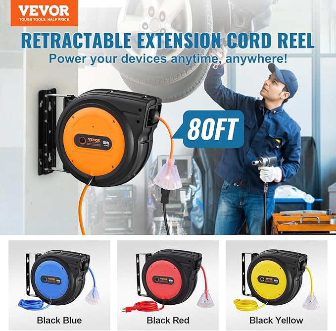 VEVOR Retractable Extension Cord Reel, 80 FT, Heavy Duty 12AWG/3C SJTOW - Image 2