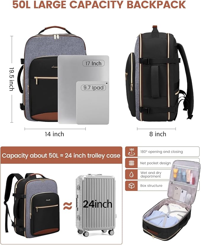 LOVEVOOK 50L Travel Backpack for Women & Men, Airline Approved Carry On Luggage - Image 3