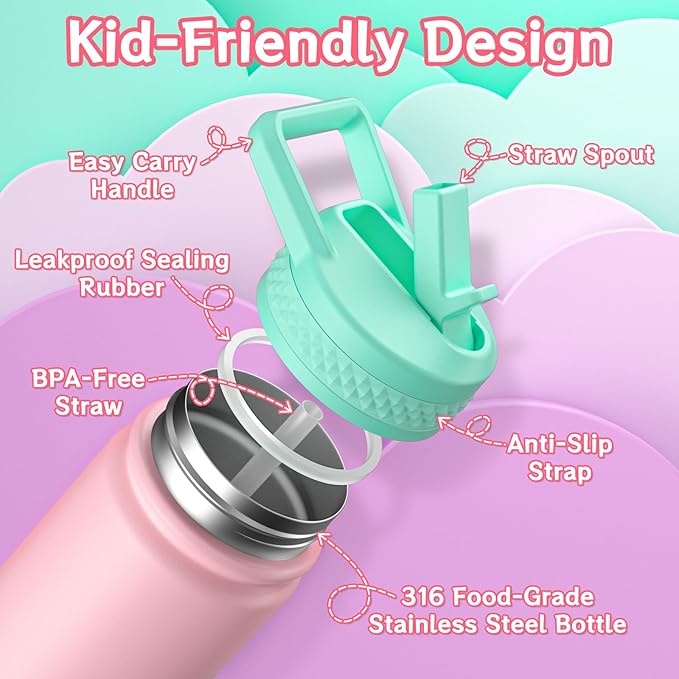 baab 18oz Kids Water Bottle, Insulated Water Bottle - Image 3