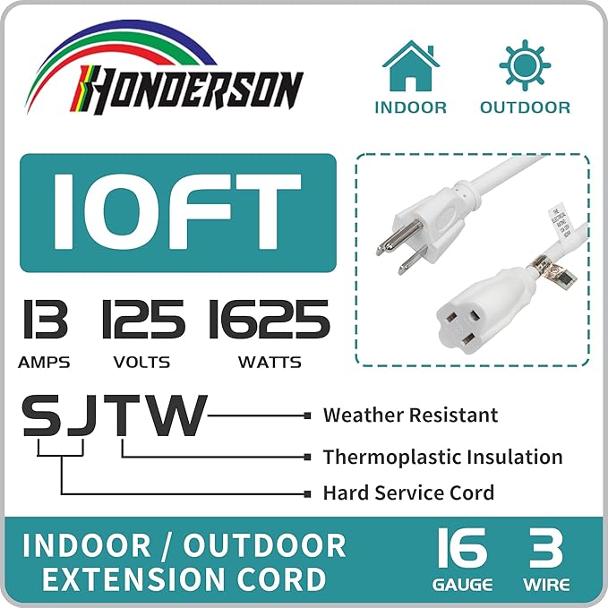 Indoor Outdoor Extension Cord Weatherproof, UL Certified, 16 Gauge 10FT White 3 - Image 3
