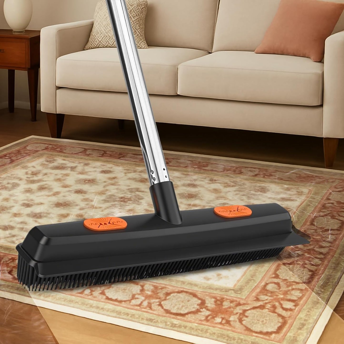 Pet Hair Removal Rubber Broom with Squeegee,Carpet rake for pet Hair Removal Tool,52 inch Adjustable Handle,Includes 1 Microfiber Cloth for Floor Dusting and 1 Pet Hair Comb Long Extension Pole