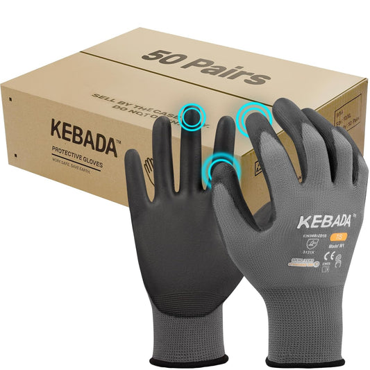 Kebada W1 Work Gloves for Men and Women, Touchscreen PU Coated Gloves with Grip, 50 Pairs Bulk Pack, Ideal for Warehouse Package Handling, Construction, Gardening, Gray Large