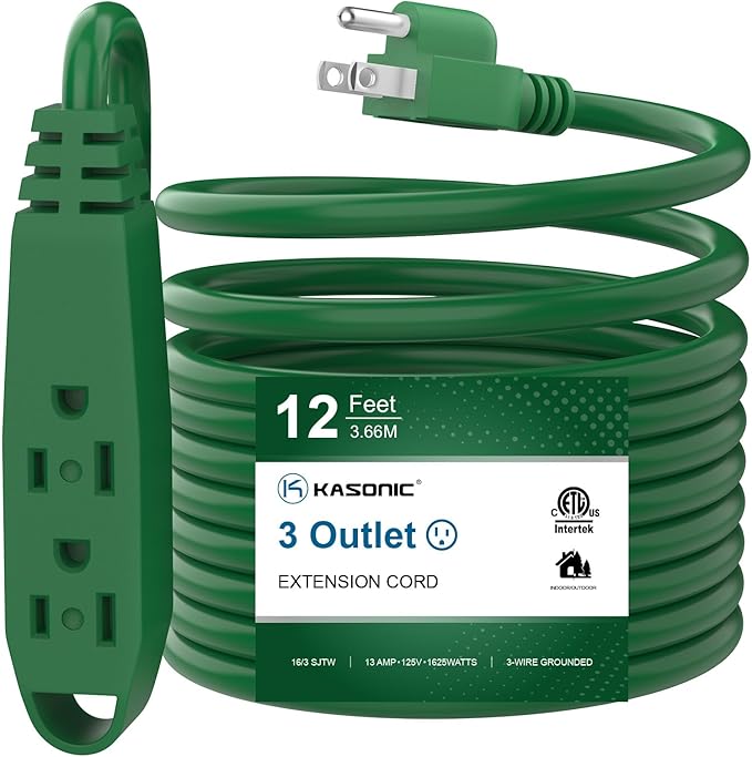 K KASONIC - 12-Feet 3 Outlet Extension Cord, UL Listed, 16/3 SJTW 3-Wire by KASONIC