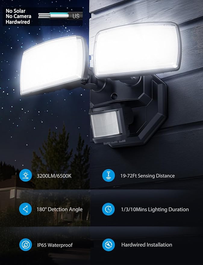 Onforu 32W 2 Head Motion Sensor Outdoor Lights, 3200LM 6500K Hardwired LED - Image 3