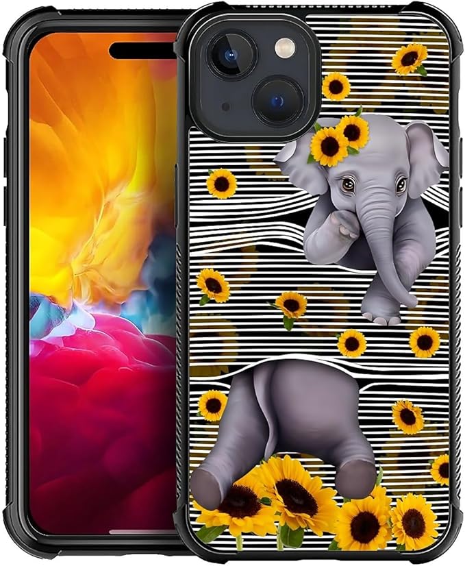 for iPhone 15 Case, Cute Little Elephant Sunflower White Line Art Pattern by FKBRCL4U
