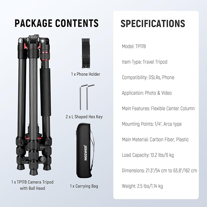 NEEWER Basics Carbon Fiber Travel Tripod Monopod, Arca Type Ball Head, Max Load - Image 9