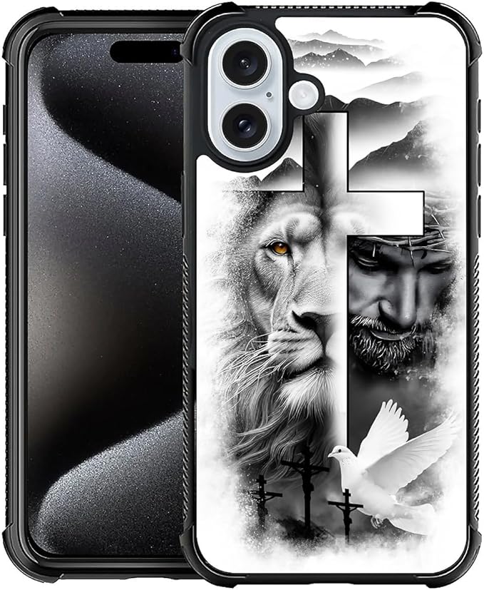 for iPhone 16 Case, Lion Cross Jesus Christ Dove Pattern Graphic Design Girl by FKBRCL4U