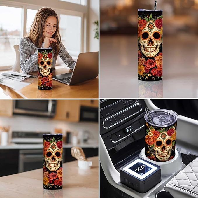 Firmiso 20 oz Tumbler｜Skinny Insulated Travel Mug｜Sugar Skull Floral Design - Image 3