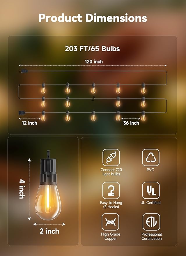 Minetom 203FT Outdoor String LED Patio Lights Waterproof, 65 Shatterproof S14 - Image 8