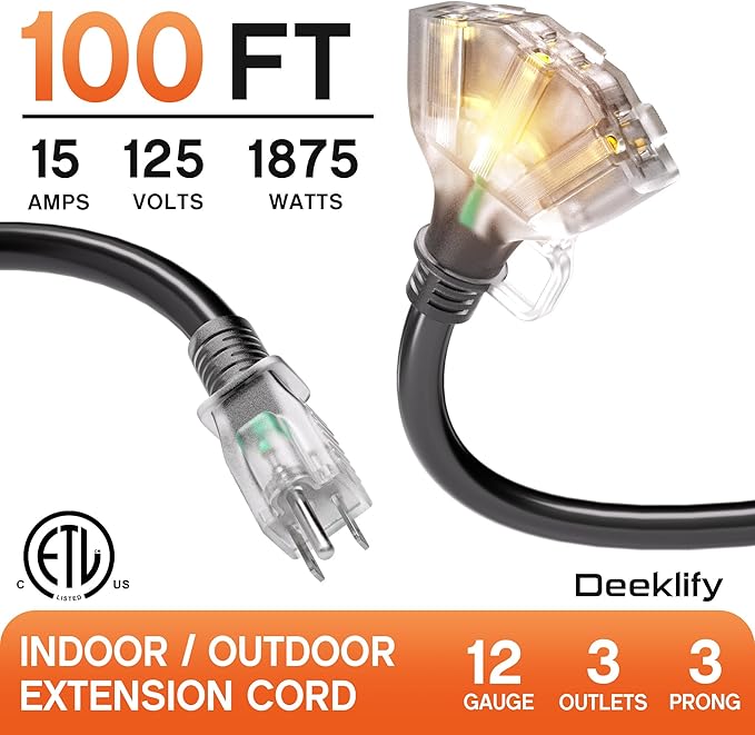 100 ft 12 Gauge Heavy Duty 3 Outlet Extension Cord Splitter - Image 2