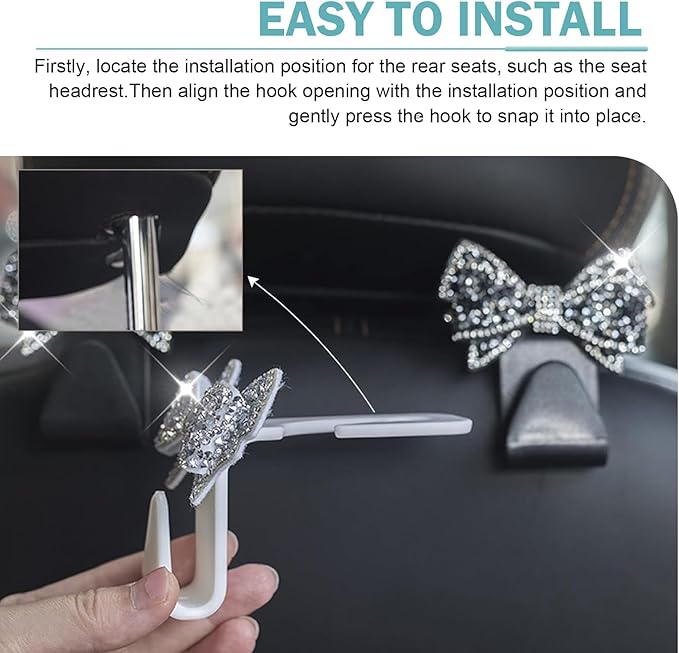 2 PCS Bling Bow Car Seat Headrest Hooks, Cute Rhinestone Bow Car Seat Back - Image 5