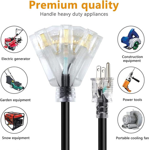 1FT 12/3 Extension Cord Heavy Duty Black 3-Outlet Indoor/Outdoor SJTW Lighted - Image 2