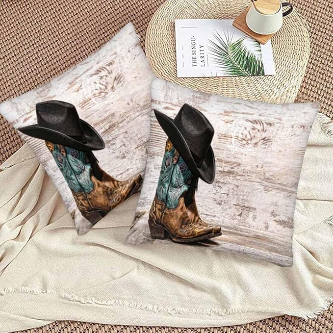 Western Cowboy Embroidered Boots Hat 18x18 Throw Pillow Covers Set of 2 - Image 3