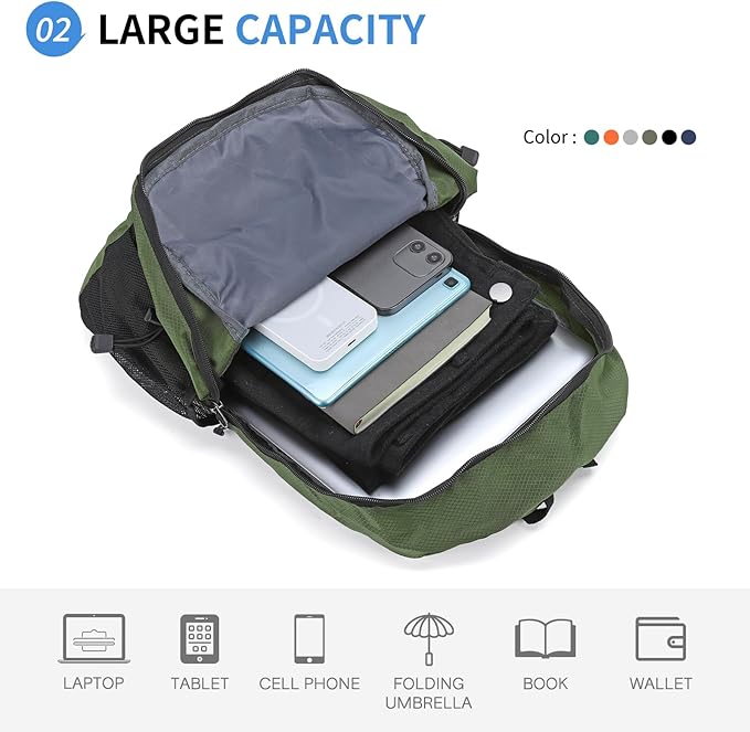 Hiking Daypack Packable, Camping Backpack Water Resistant Lightweight Polyester - Image 3