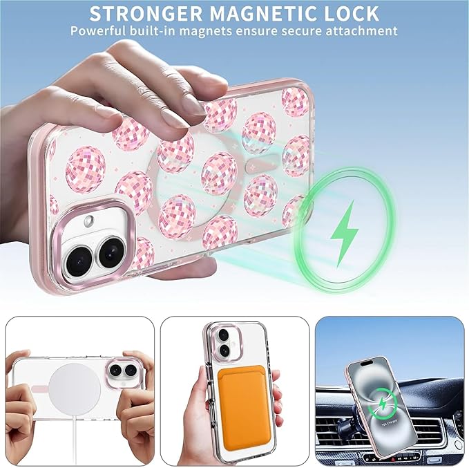 Case for iPhone 16, Disco Balls Pink Phone Case Design，for Women Girls Magnetic - Image 3