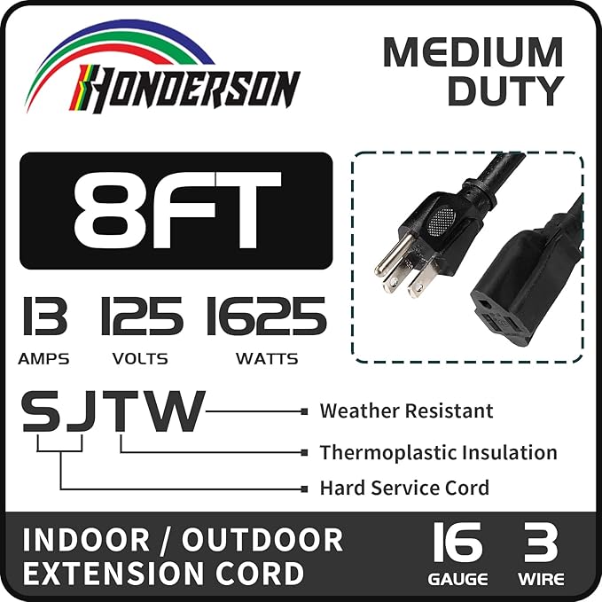 8FT Outdoor Extension Cord-16/3 SJTW Durable Black 3 Prong Grounded Plug Power - Image 2