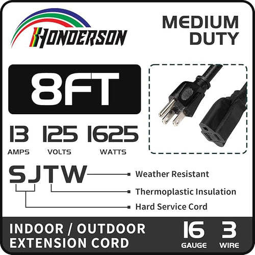 8FT Outdoor Extension Cord-16/3 SJTW Durable Black 3 Prong Grounded Plug Power - Image 2