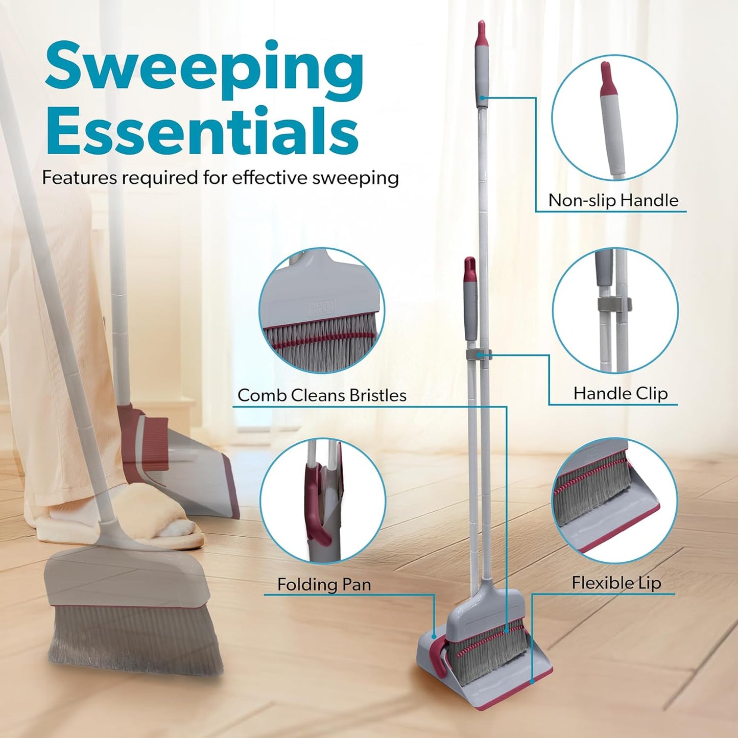 BLACK+DECKER Butler Broom & Dustpan Set - Stand-Up Design - Lightweight, Space-Saving Combo for Kitchen, Living Room, Bathroom, Lobby Floors - Home Cleaning Essential, Light Gray/Burgundy