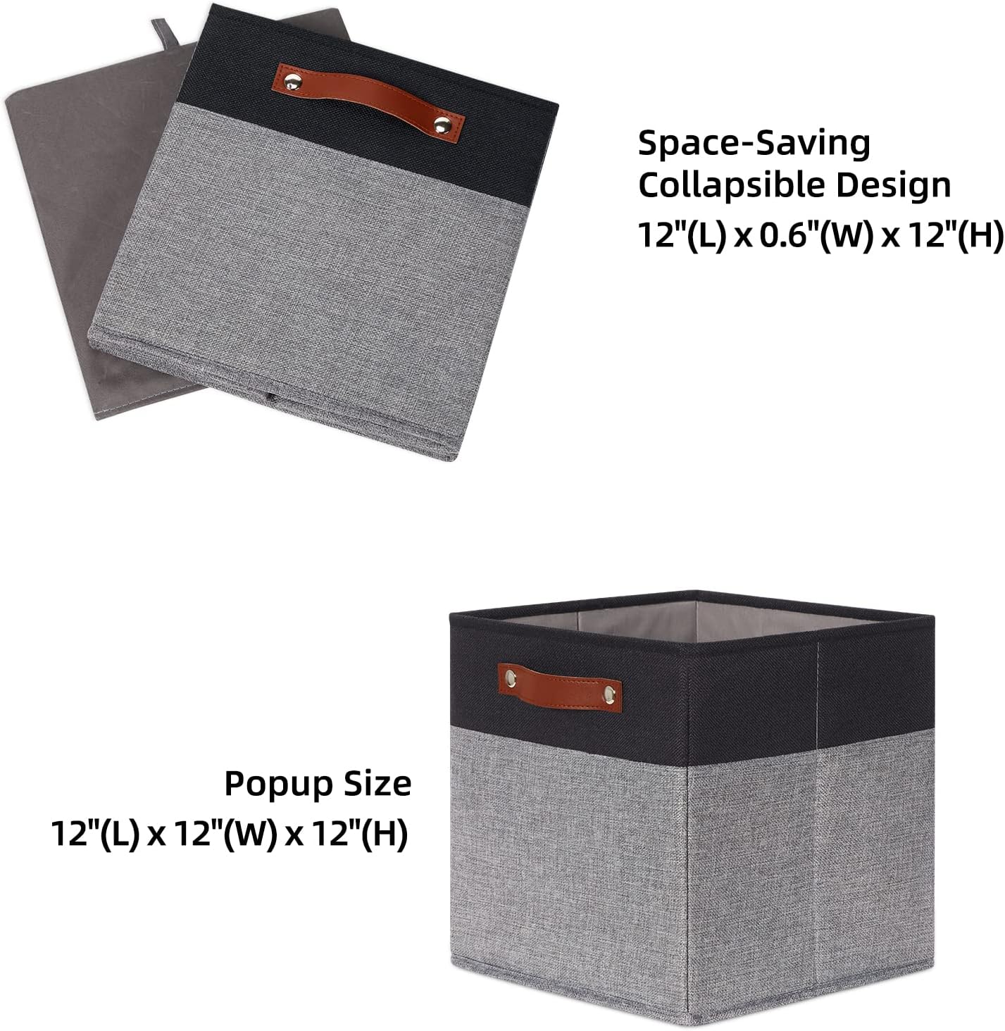 HNZIGE Cube Storage Baskets,Fabric Storage Cubes 12 x 12, Set of 4,Decorative Storage Baskets for Organizing with Handles,Closet Bins for Shelf Organizer Home Toy Nursery Closet(Black Gray)