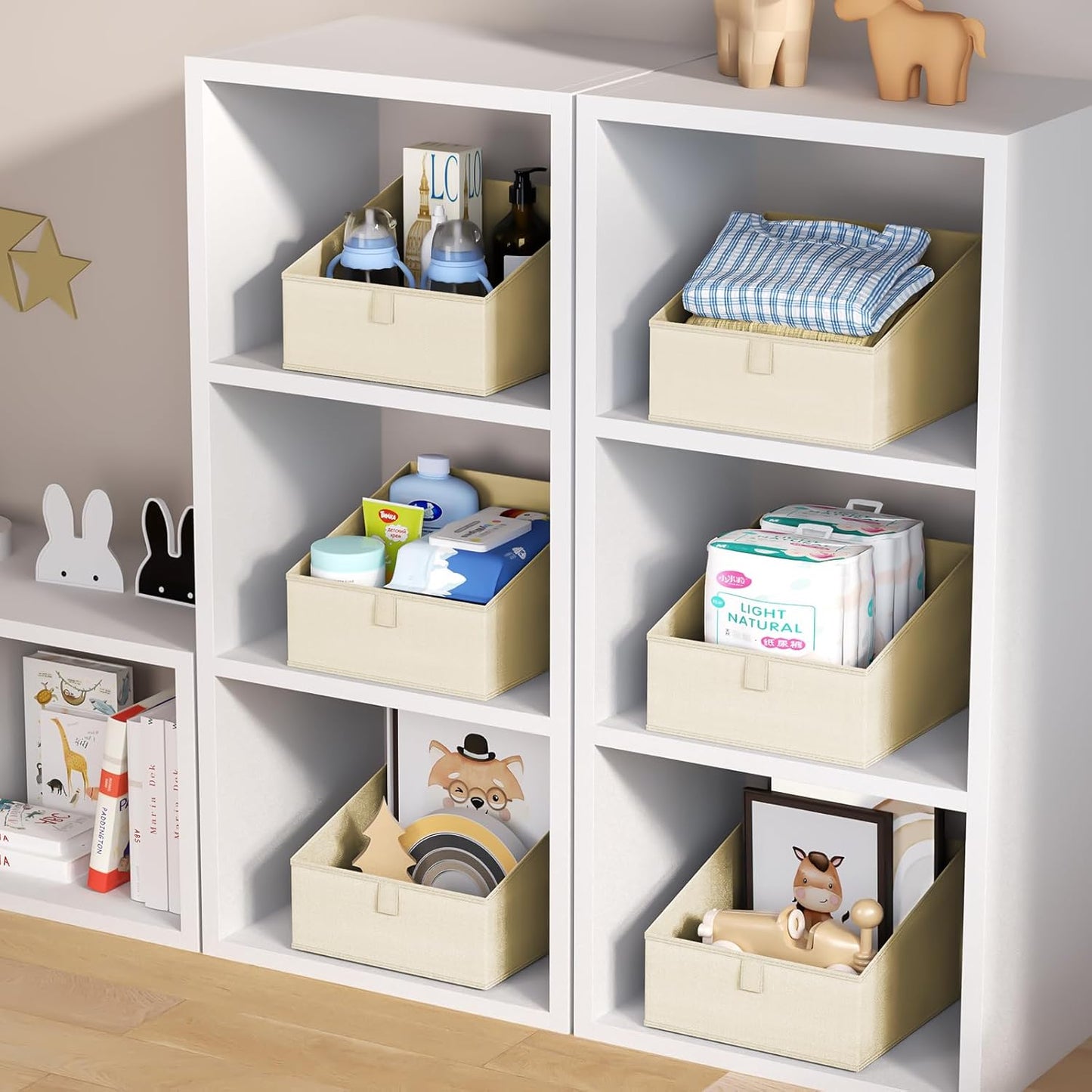 DIMJ Clothing Organizer Storage Boxes - 6 Packs Fabric Traprzoid Storage Bakskets, Fabric Bins for Closet with Front Handle, Closet Cubes Organizer for Parents Renters Students RV Owners (Beige)