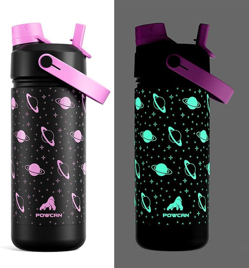 18 oz Kids Insulated Water Bottle: Glow-in-the-Dark, 2-in-1 Straw Spout Lid by POWCAN
