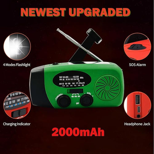 2000mAh Weather Emergency Radio, Portable Solar AM/FM/NOAA Hand Crank Radio - Image 2