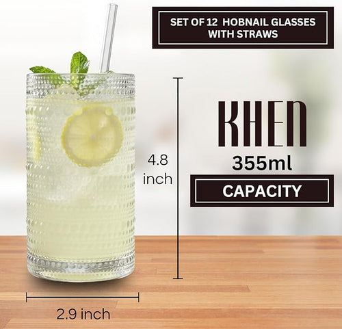 12-Piece Hobnail Drinking Glasses Set, 12 oz Large Vintage Highball Glassware - Image 2