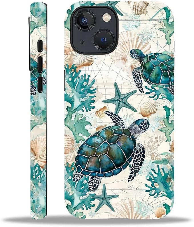for iPhone 14 Plus Case, HH2 Ocean Sea Turtle Nautical Map Hybrid 2 Layer Hard by Unknown