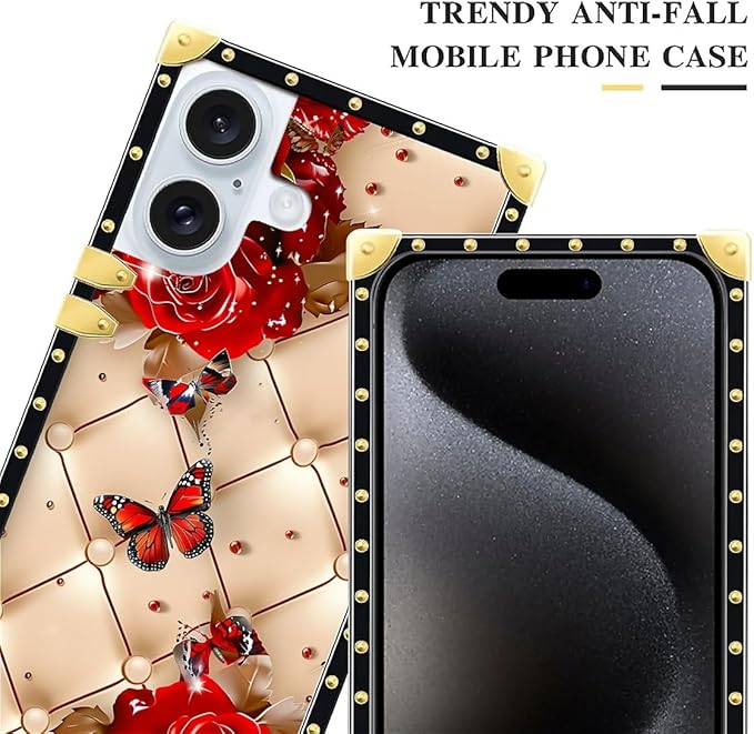 Compatible with iPhone 16 Case, Shining Red Rose Butterfly Leather Background - Image 4