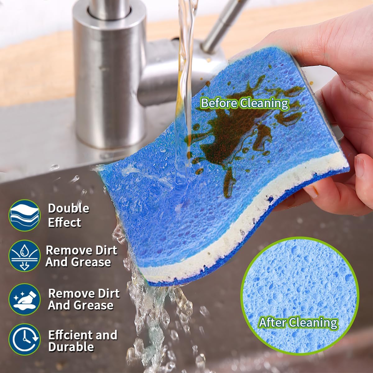 Blue Wood Pulp Sponges 12Pack Non-Scratch Cellulose Scrub Sponge, Dual-Sided Dishwashing Sponge for Kitchen