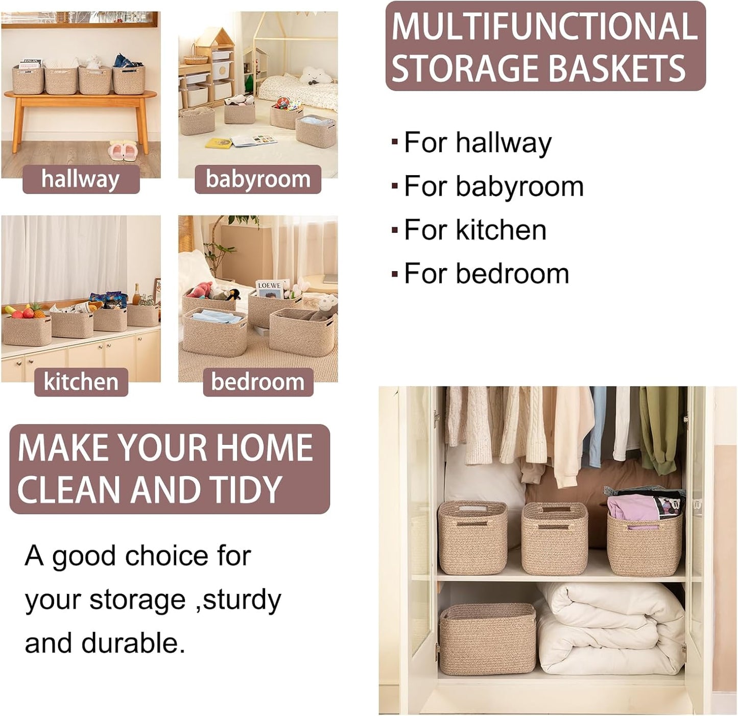 OIAHOMY 4 Pack Storage Baskets for Organizing, Cube Storage Bins for Shelves, Rectangle Storage Baskets With Handles, Woven Baskets for Storage, 12.7''Lx9''Wx7.8''H, Brown