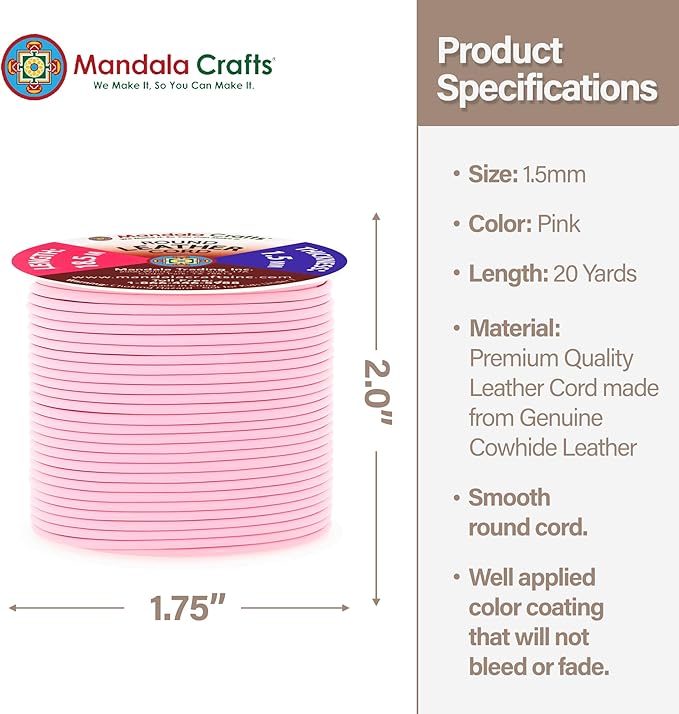Mandala Crafts Round Genuine Pink Leather Cord - Image 4