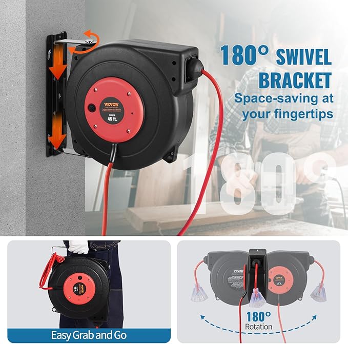 VEVOR Retractable Extension Cord Reel, 45 FT, Heavy Duty 12AWG/3C SJTOW - Image 6