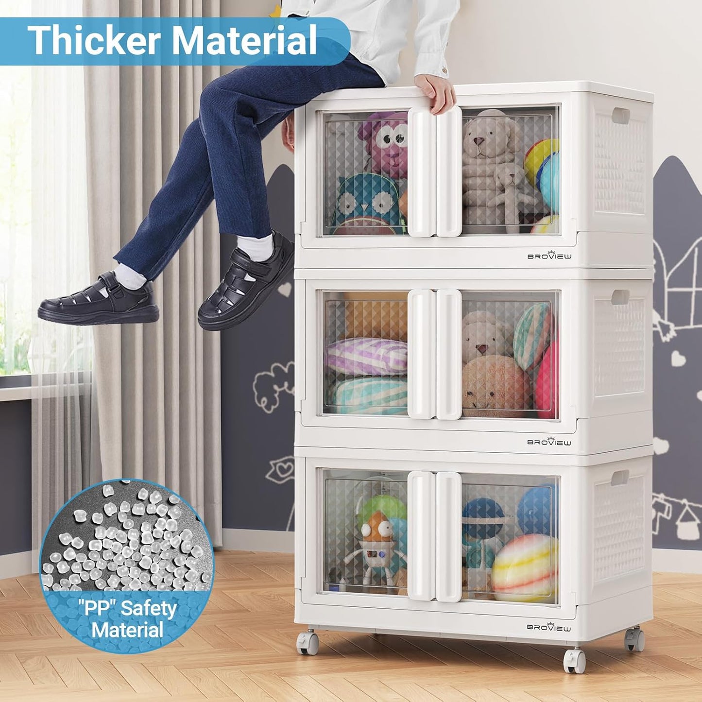 BROVIEW 120Gal Stackable Storage Bins with Lids & Wheels, 480Qt Plastic Collapsible Closet Organizer and Storage Drawers, Storage Boxes Cabinets for Home, Office, 6 Pack, White