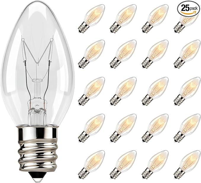 25 Pack C7 Clear Replacement Bulbs, C7 Outdoor Candle Light Bulbs, Night Candle by Konictom