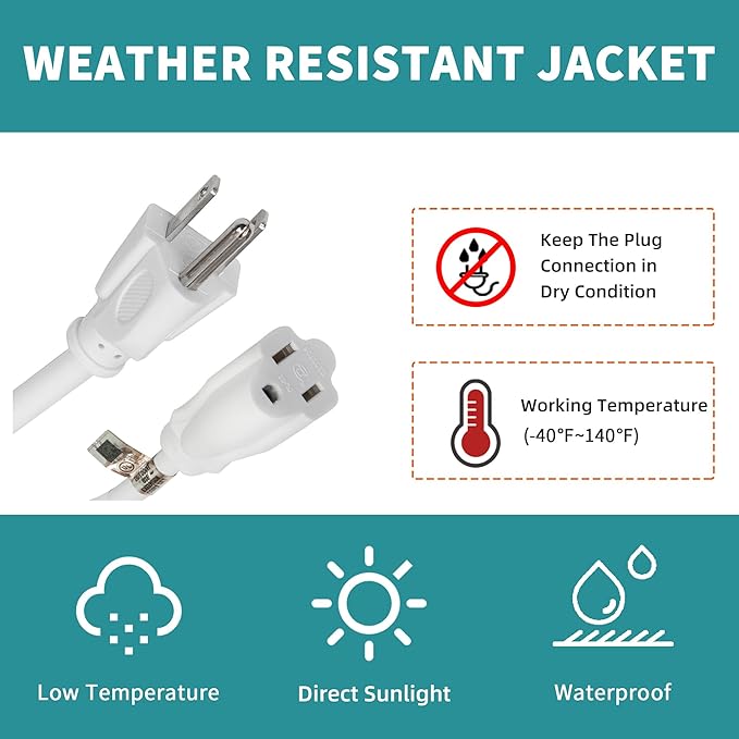 Indoor Outdoor Extension Cord Weatherproof, UL Certified, 16 Gauge 50FT White 3 - Image 7