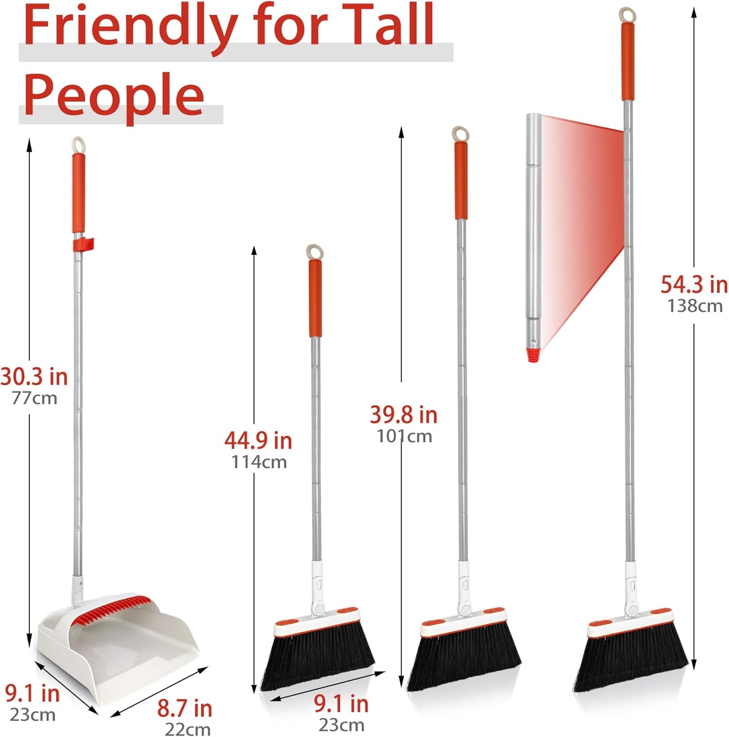 JEHONN Broom and Dustpan Set for Home, Long Handle Lightweight 180 Degree Rotating Broom Set Indoor, Upright Standing Dust Pan with Comb Teeth, Store Sweep Set for Room Kitchen Office (Grey & Red)