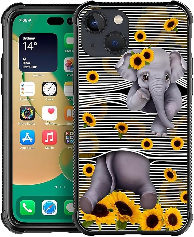 for iPhone 13 Case, Cute Little Elephant Sunflower White Line Art Pattern by FKBRCL4U