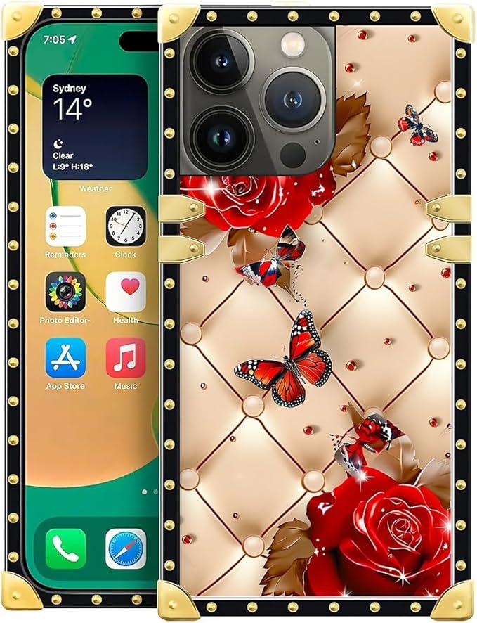 Compatible with iPhone 14 Pro Case, Shining Red Rose Butterfly Leather by Unknown