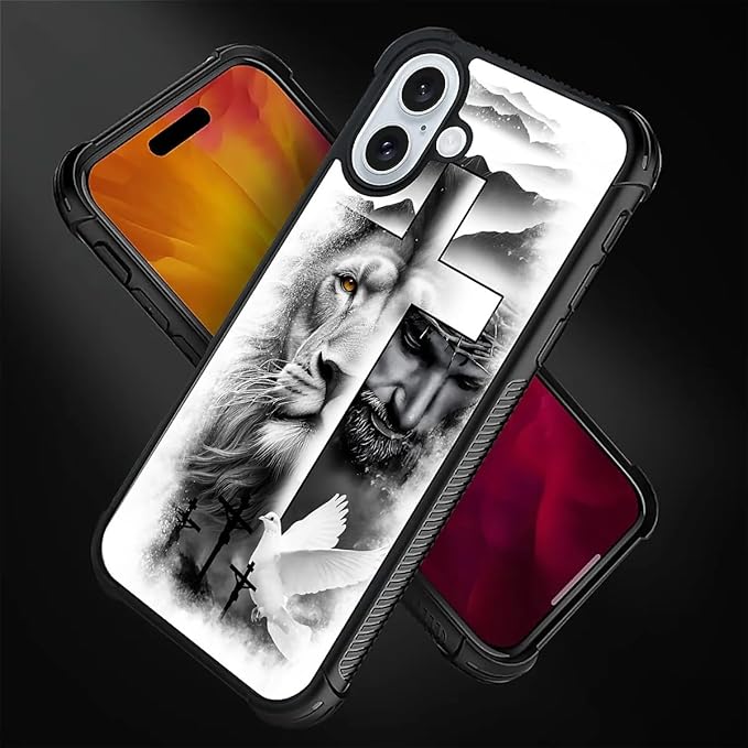 for iPhone 16 Plus Case, Lion Cross Jesus Christ Dove Pattern Graphic Design - Image 5