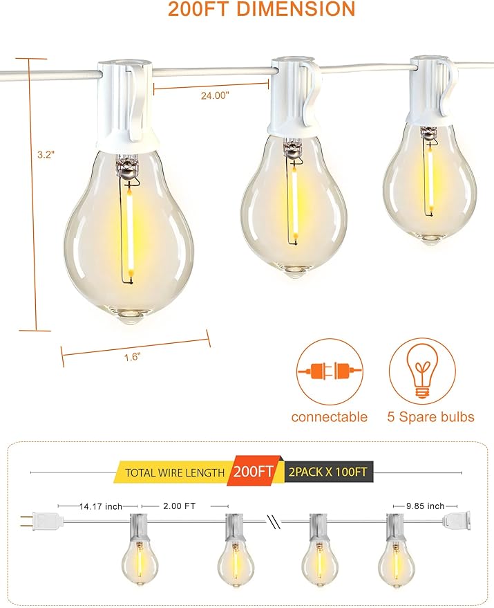 DAMAING Outdoor String Lights 200FT Waterproof Patio Lights - Image 7